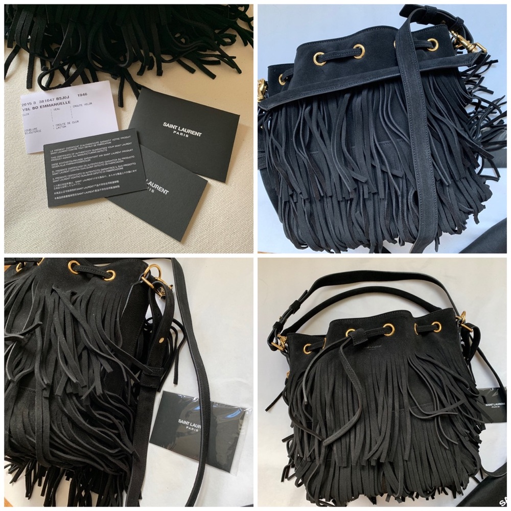 Saint Laurent Black Suede Fringed Bucket Bag - Picture 7 of 8